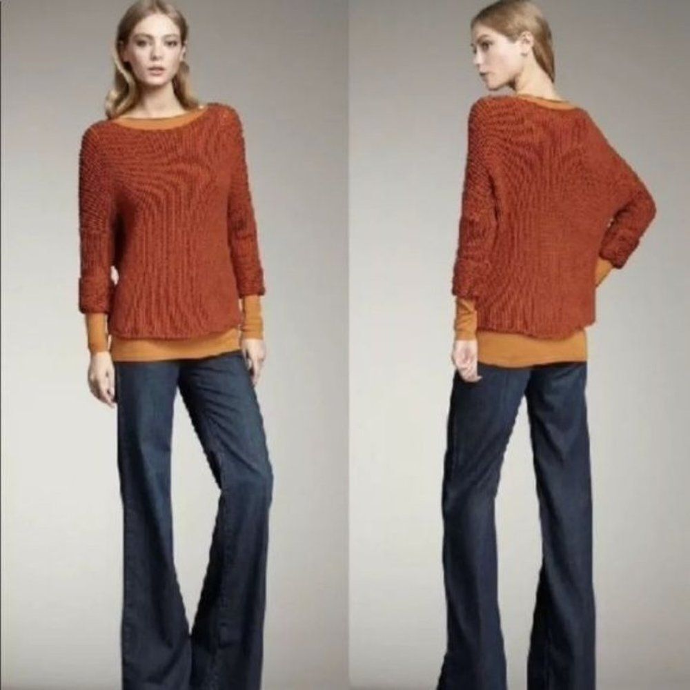 Vince Chunky Knit Loose Fit Wool Long Sleeve Pullover Sweater Top Burnt Orange